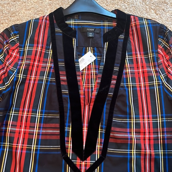 J Crew Velvet Trimmed V Neck Tunic Black red Tartan long sleeve blouse top XS - Picture 3 of 8